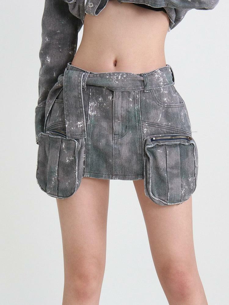 Grunge Distressed Y2K Cargo Denim Mini Skirt for Trendy Summer Outfits