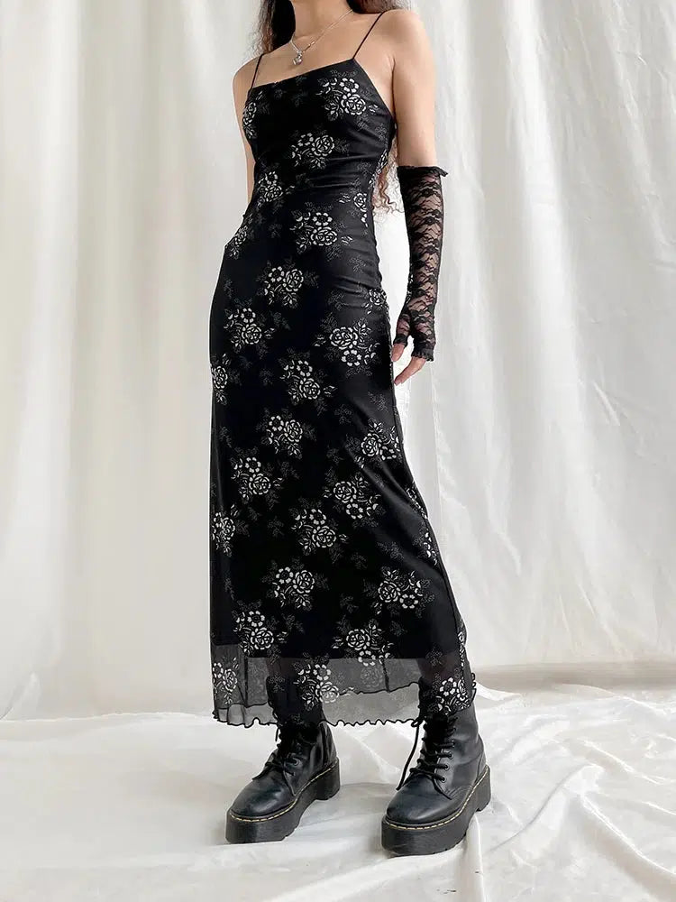 Grunge Floral Mesh Midi Dress - Y2K Aesthetic Summer Outfit for Effortless Style