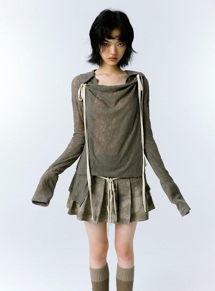 Grunge-Inspired Asymmetric Lace Top with Long Sleeves for Y2K Aesthetic Outfits