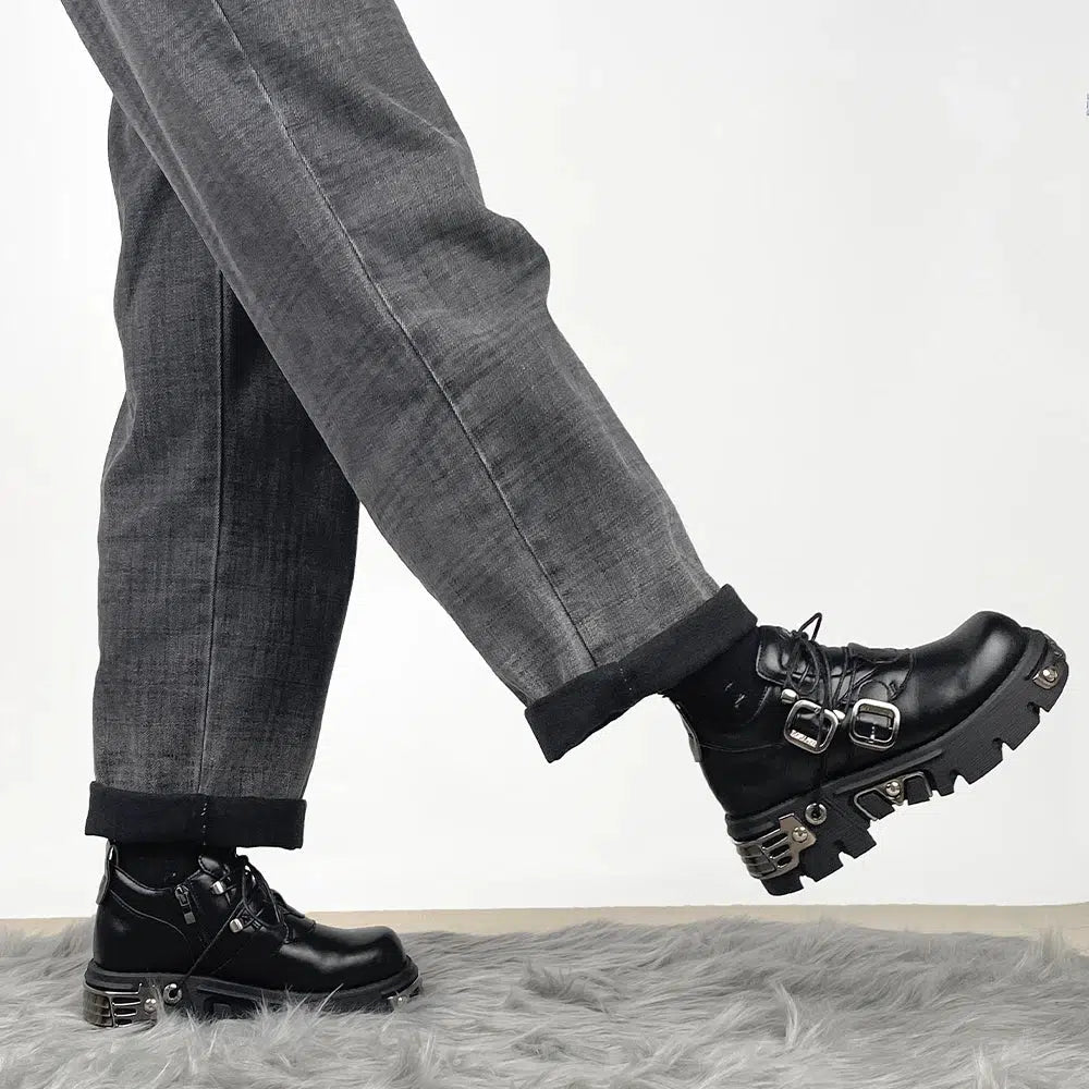 Grunge-Inspired Belted Lace-Up Platform Boots for Y2K and 90s Fashion Lovers