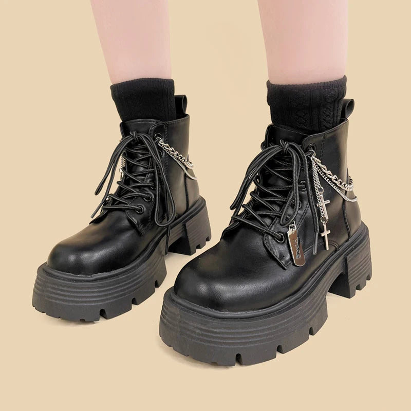 Grunge-Inspired Chain with Cross Combat Boots for Y2K and 90s Fashion Lovers