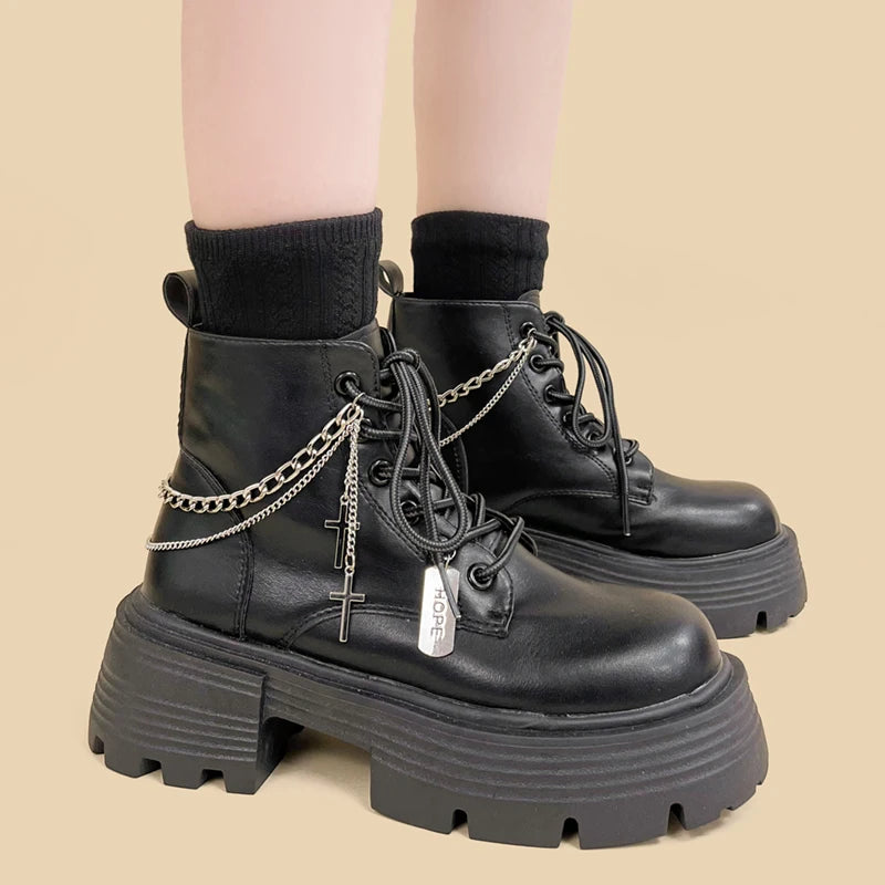 Grunge-Inspired Chain with Cross Combat Boots for Y2K and 90s Fashion Lovers