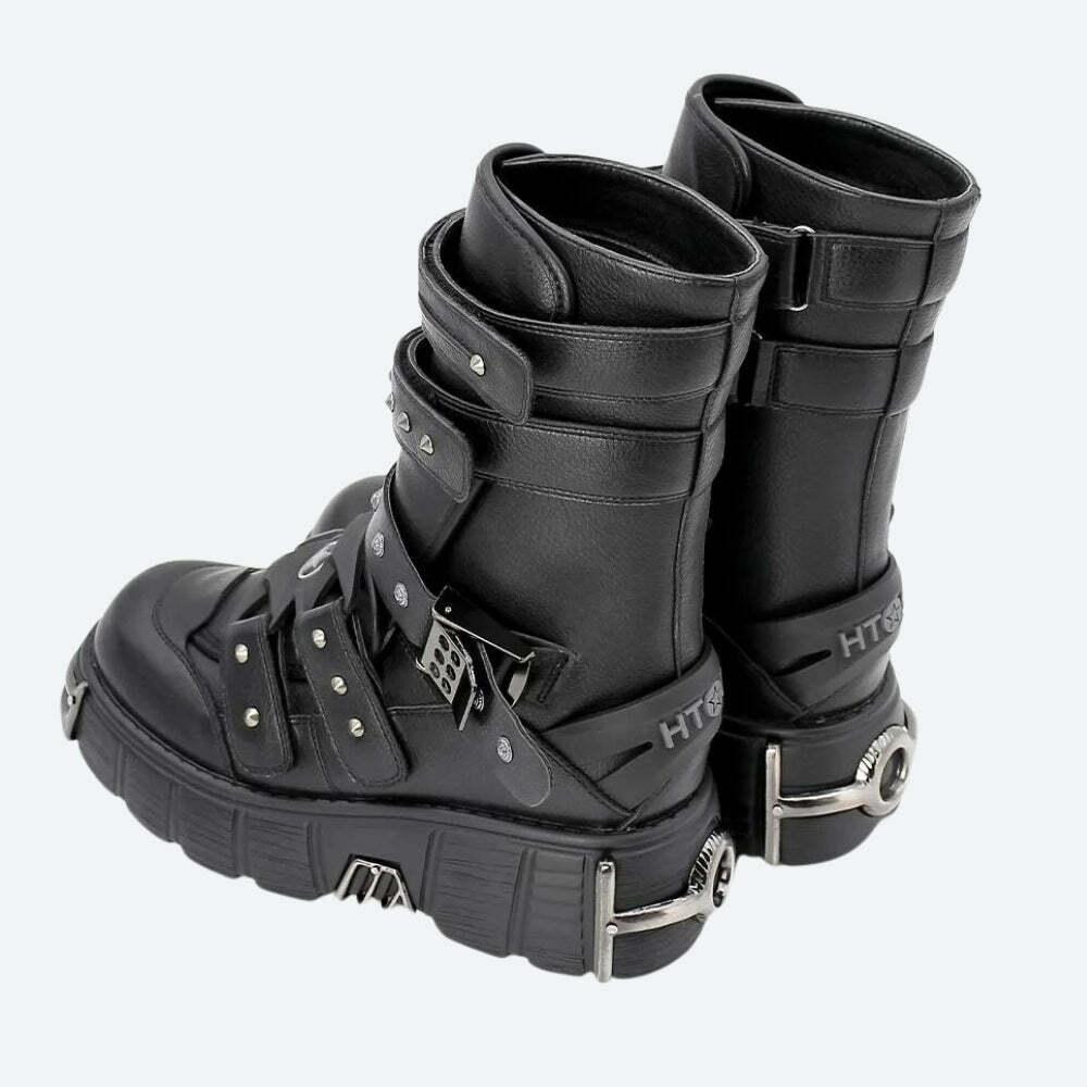 Grunge-Inspired Chunky Platform Boots with Velcro Straps for Y2K Aesthetic Style