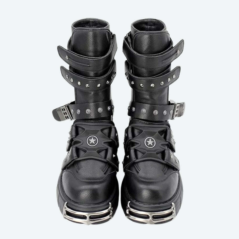 Grunge-Inspired Chunky Platform Boots with Velcro Straps for Y2K Aesthetic Style