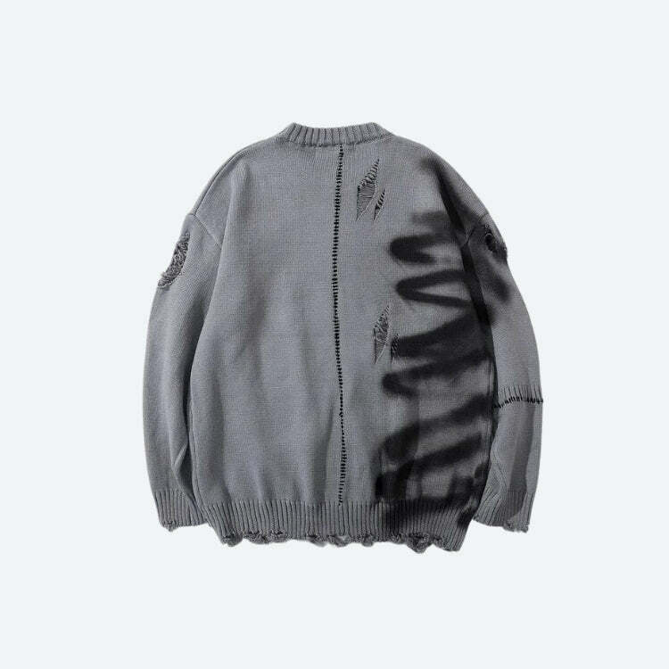 Grunge-Inspired Distressed Knitted Sweater with Spray Paint Details for Y2K Aesthetic