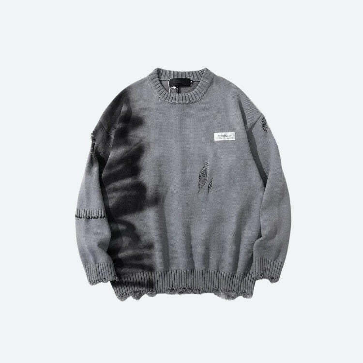 Grunge-Inspired Distressed Knitted Sweater with Spray Paint Details for Y2K Aesthetic