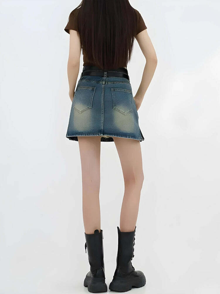 Grunge-Inspired Double Belt Loop Denim Mini Skirt for Y2K and 90s Fashion Lovers