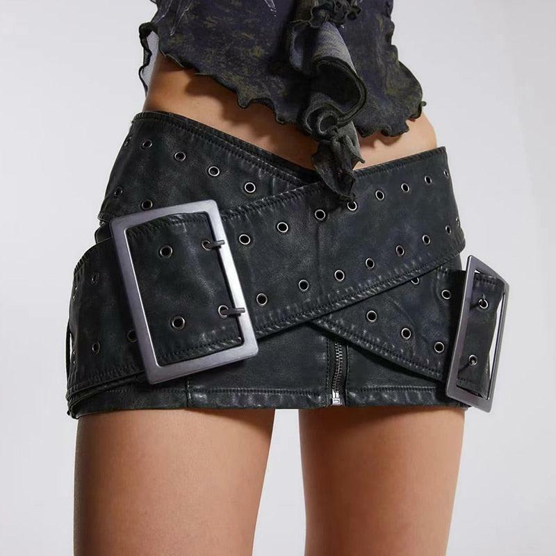 Grunge-Inspired Faux Leather Mini Skirt with Cross Belt for Y2K and 90s Fashion Lovers