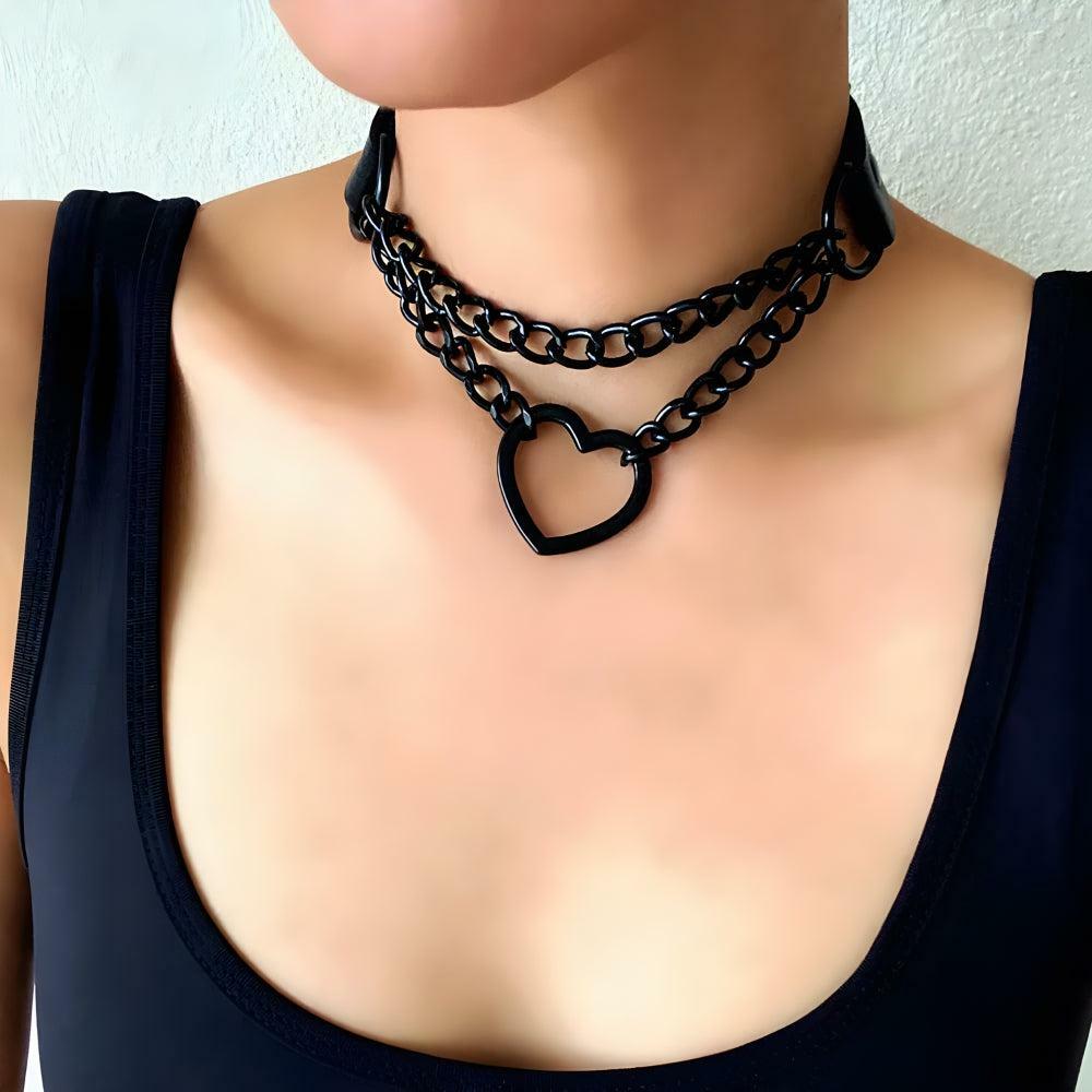 Grunge-Inspired Heart Choker Necklace with Belted Detail for Y2K Aesthetic Outfits