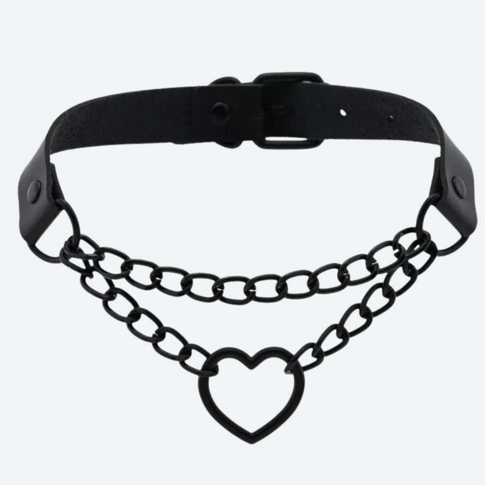 Grunge-Inspired Heart Choker Necklace with Belted Detail for Y2K Aesthetic Outfits