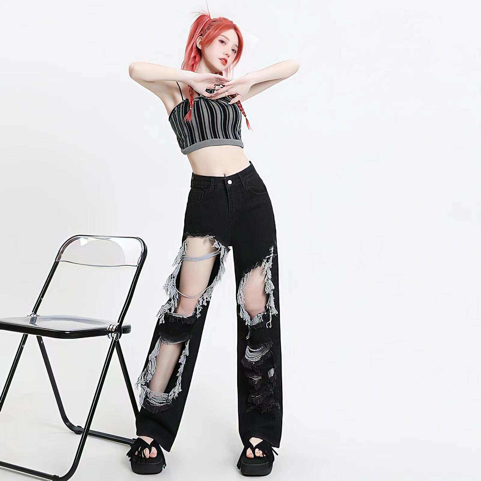 Grunge-Inspired Ripped Wide Leg Jeans for Effortless Y2K Style and Vintage Vibes