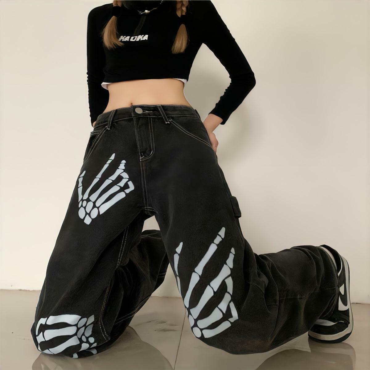 Grunge Skeleton Hand Print Baggy Jeans - Y2K Aesthetic Grunge Style Denim Pants