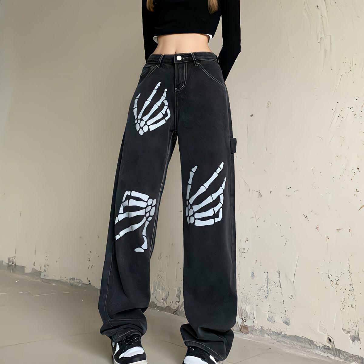 Grunge Skeleton Hand Print Baggy Jeans - Y2K Aesthetic Grunge Style Denim Pants