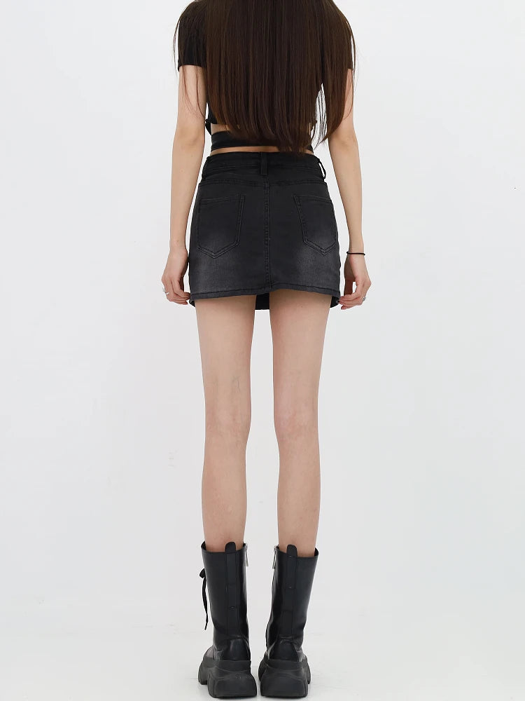 Grunge Y2K Denim Cross Belt Mini Skort for Trendy Summer Outfits and Aesthetic Looks