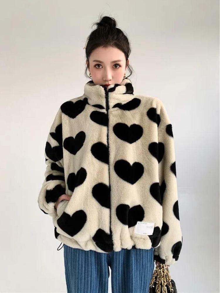 Heart Pattern Y2K Teddy Jacket - Cozy Grunge Style for Effortless Summer Outfits