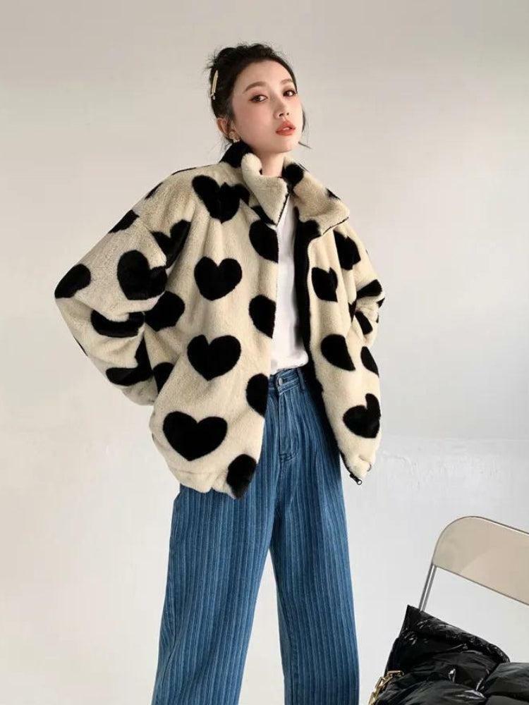 Heart Pattern Y2K Teddy Jacket - Cozy Grunge Style for Effortless Summer Outfits