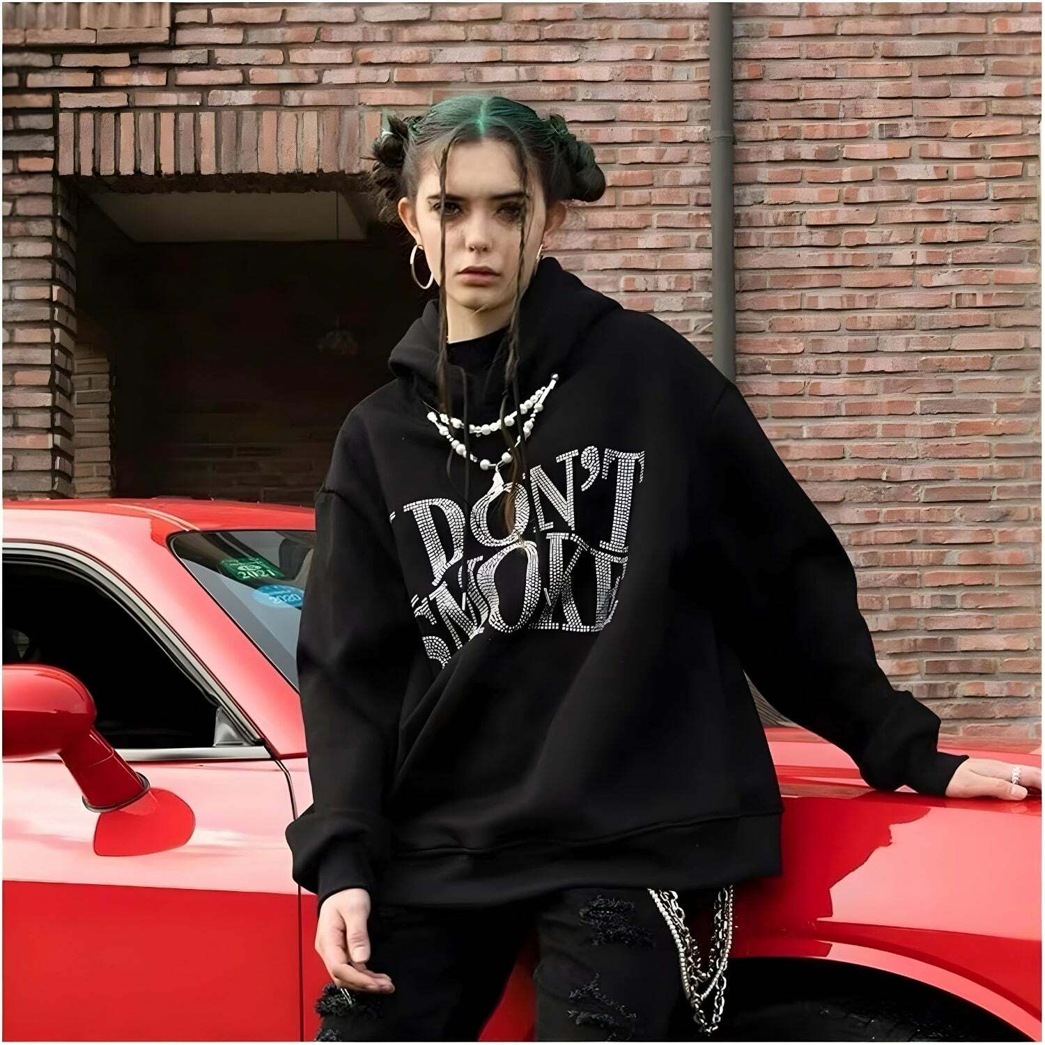 I Don't Smoke Y2K Rhinestone Hoodie - Trendy Grunge Aesthetic for Effortless Style