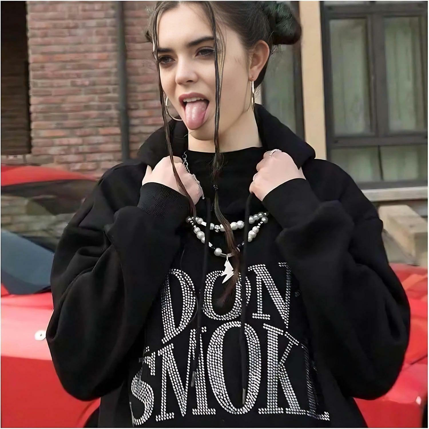 I Don't Smoke Y2K Rhinestone Hoodie - Trendy Grunge Aesthetic for Effortless Style