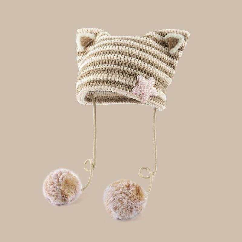 Kawaii Cat Ear Pom-Pom Beanie for Y2K Aesthetic, Cute Outfits, and Cozy Winter Fashion