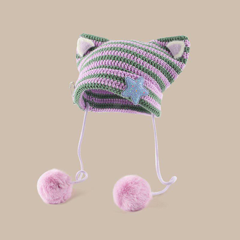 Kawaii Cat Ear Pom-Pom Beanie for Y2K Aesthetic, Cute Outfits, and Cozy Winter Fashion