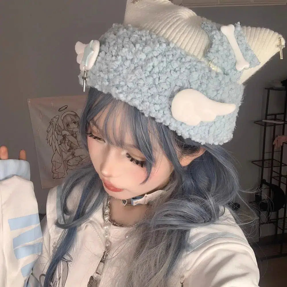 Kawaii Soft Girl Knitted Beanie with Wings - Y2K Aesthetic Winter Fashion Accessory