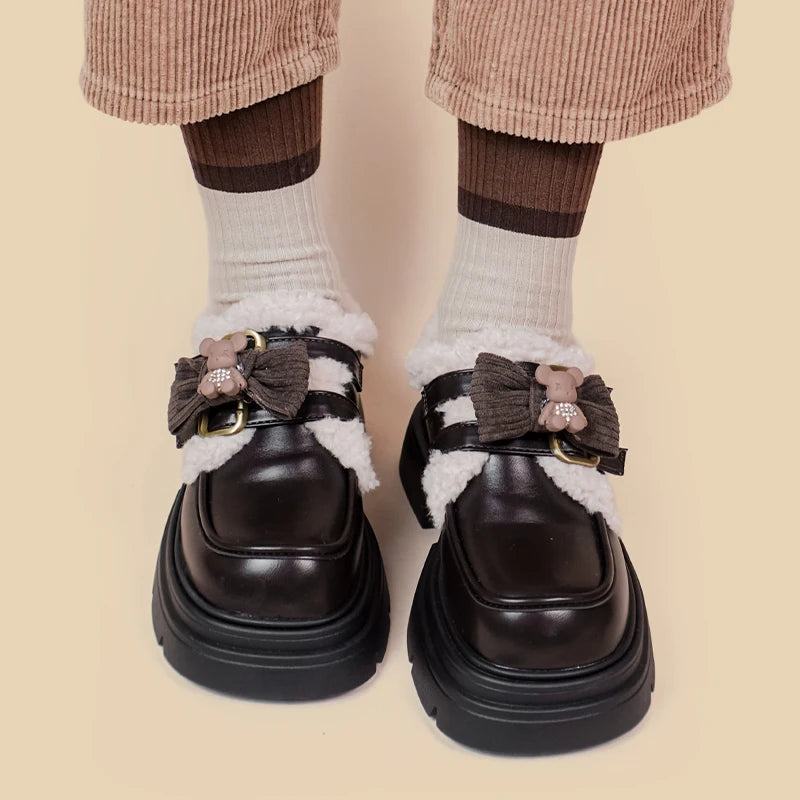 Kawaii Teddy Bear Platform Oxford Shoes - Y2K Aesthetic Footwear for Trendy Outfits