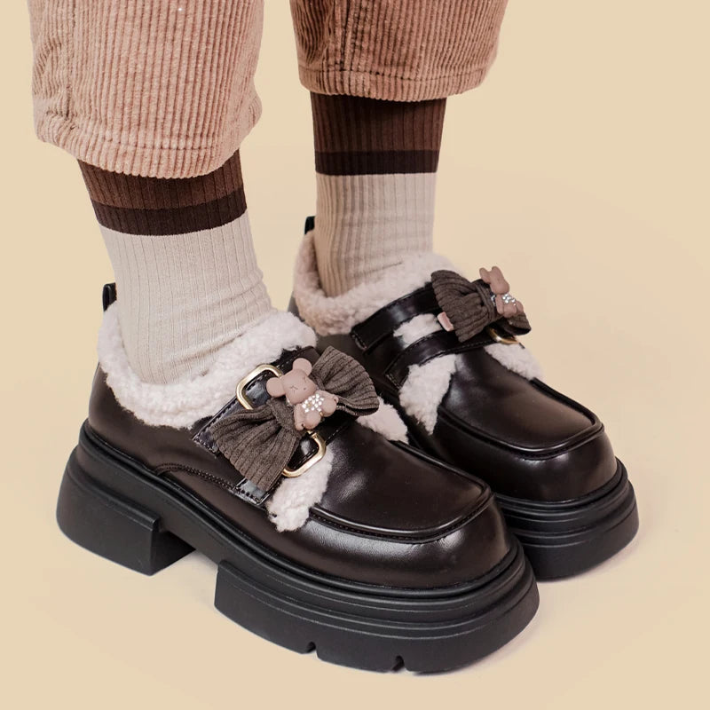 Kawaii Teddy Bear Platform Oxford Shoes - Y2K Aesthetic Footwear for Trendy Outfits