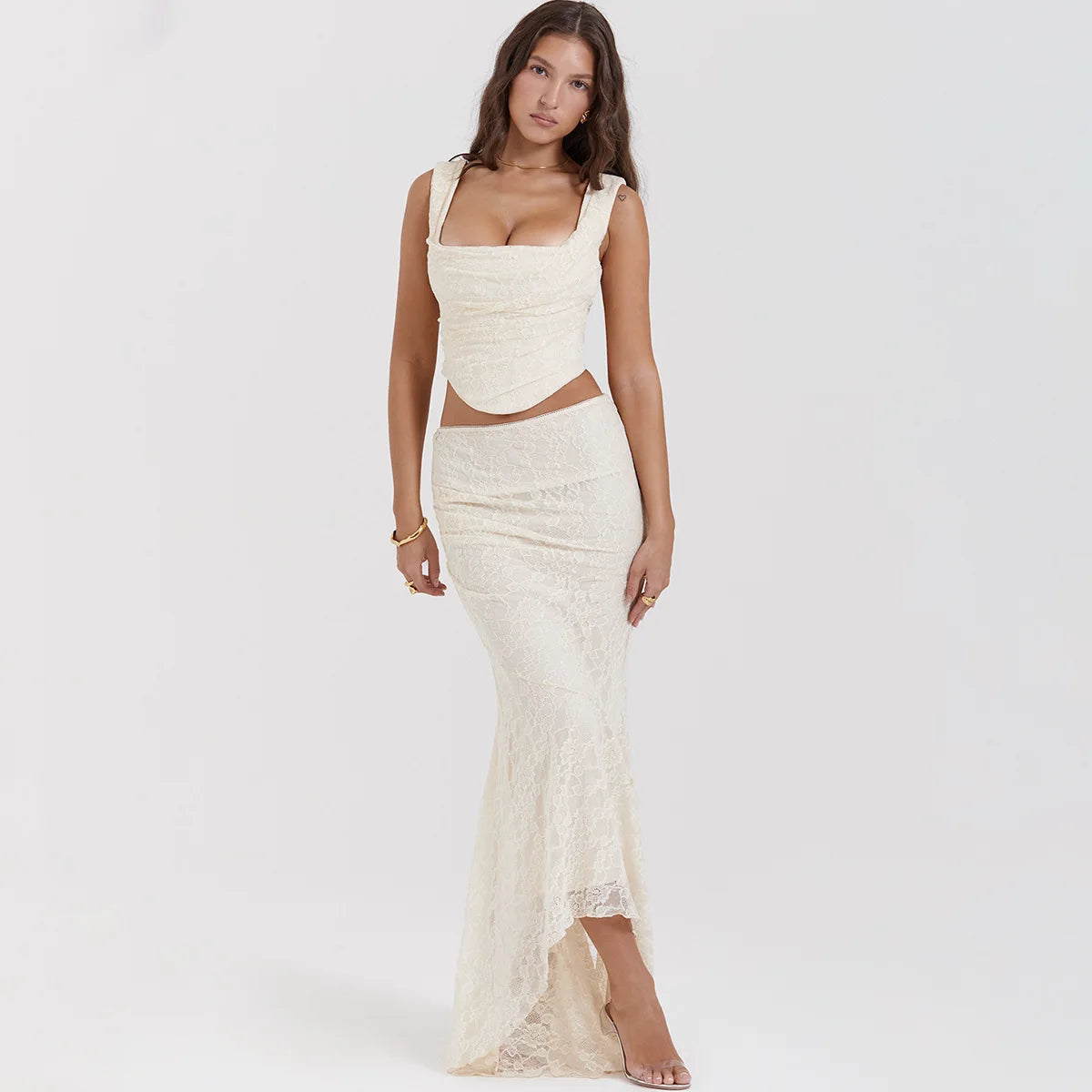 Lace Corset & Asymmetric Midi Skirt Y2K Two-Piece Set for Chic Summer Outfits