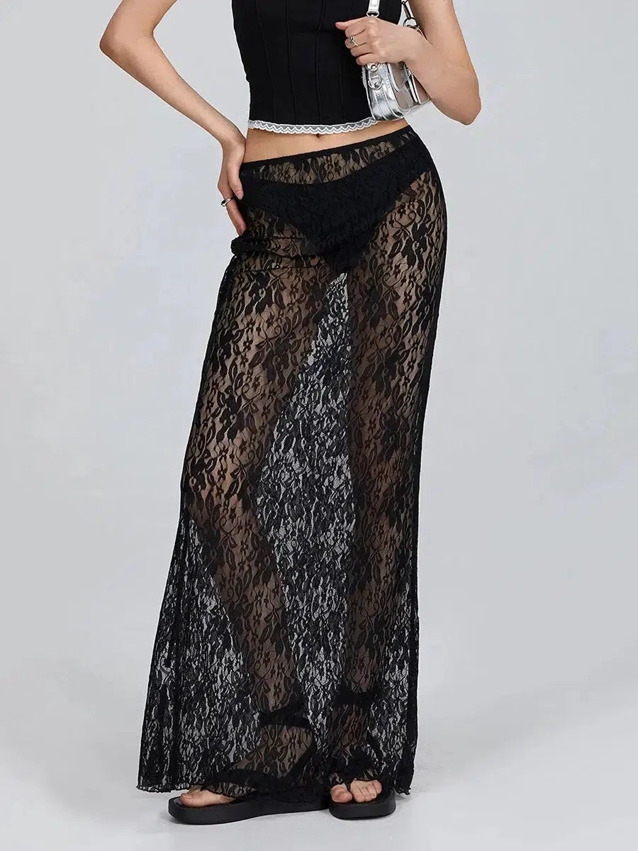 Lace Sheer Low Rise Maxi Skirt - Y2K Aesthetic Summer Fashion for Effortless Style