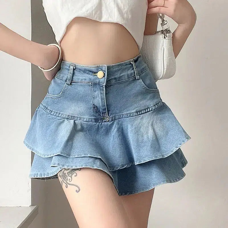 Layered Ruffled Denim Mini Skirt - Y2K Aesthetic Summer Essential for Trendy Outfits