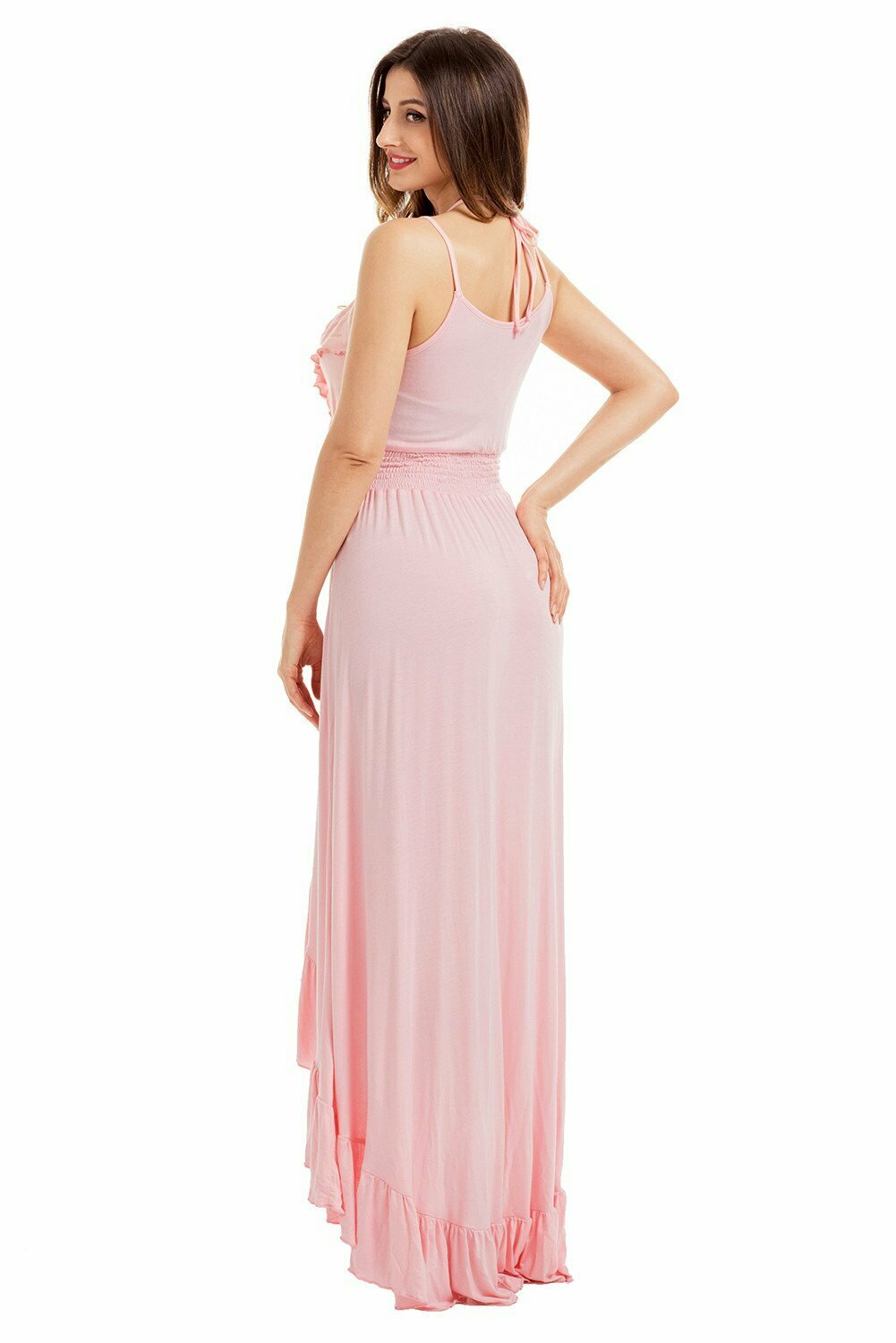 Light Pink Ruffle Trim High-Low Maxi Dress - Y2K Fashion, Coquette Aesthetic, Cute Dress