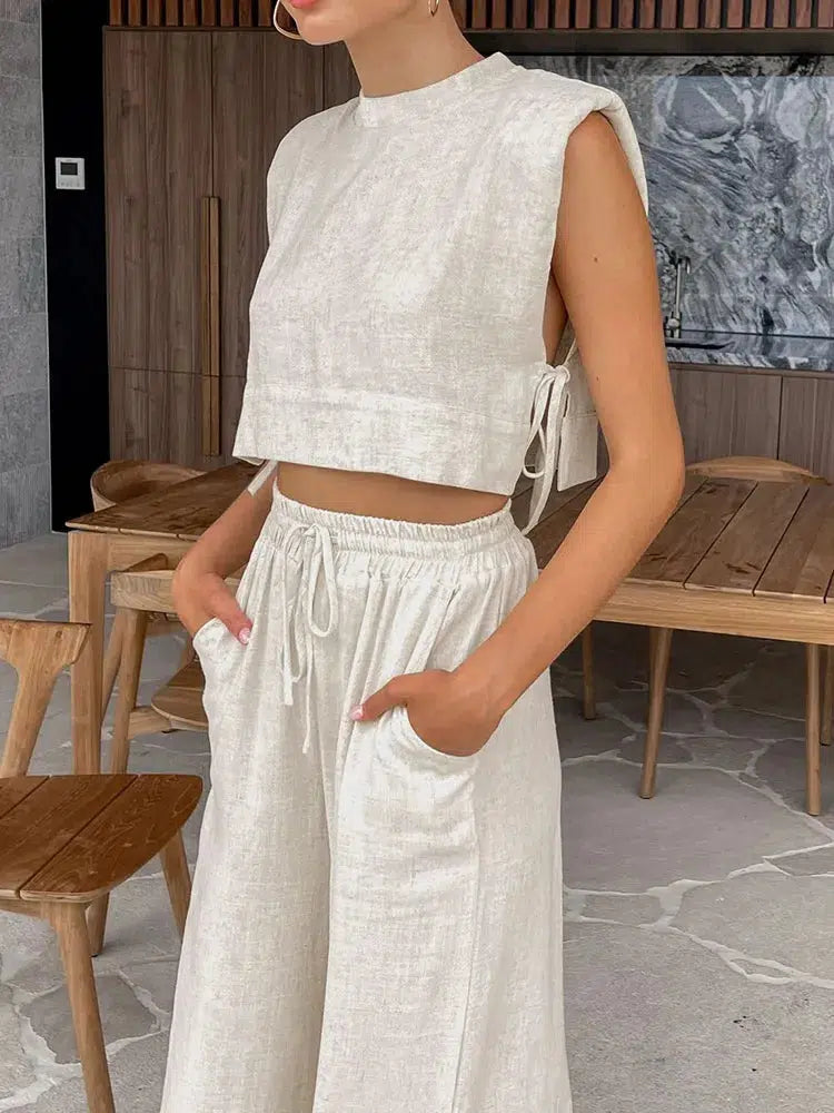 Linen Lace-Up Crop Top & Wide Leg Pants Set - Y2K Summer Aesthetic Outfit