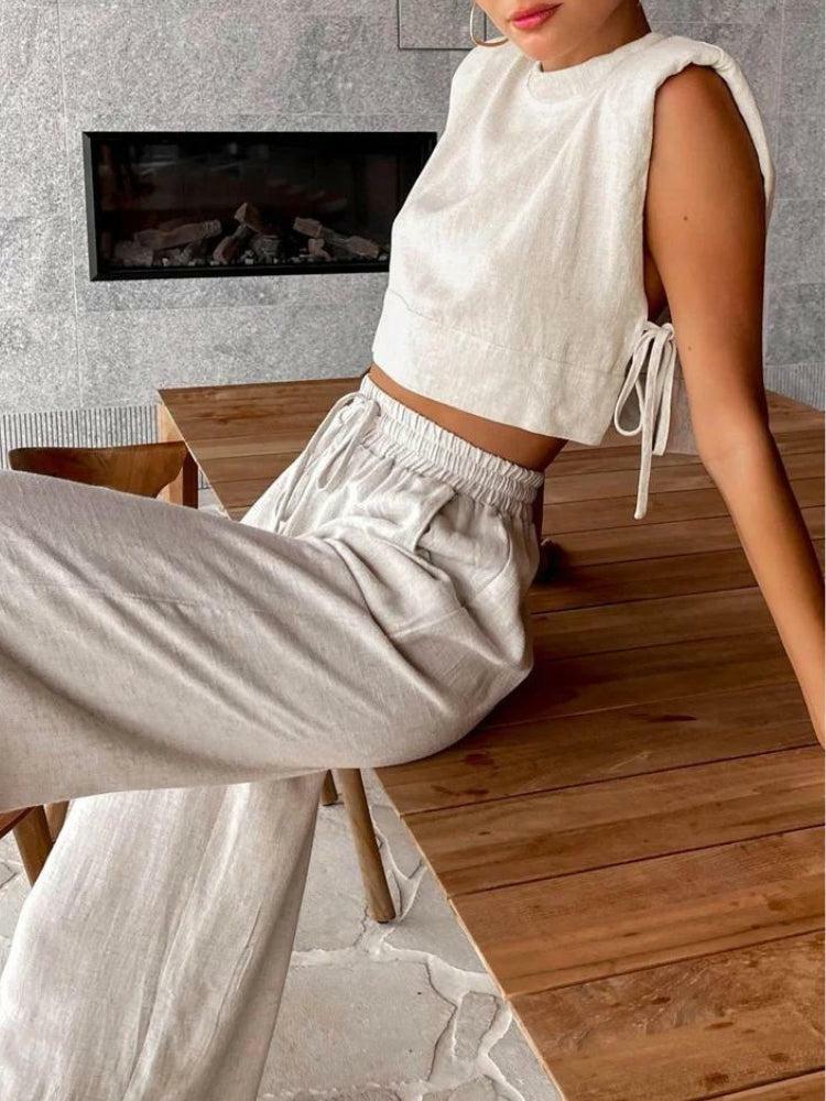 Linen Lace-Up Crop Top & Wide Leg Pants Set - Y2K Summer Aesthetic Outfit