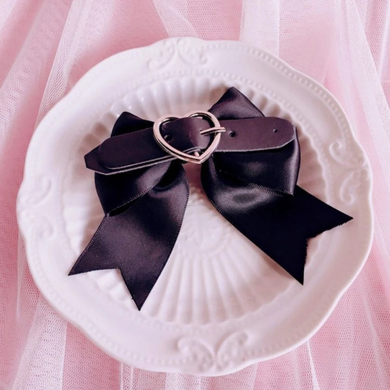 Pastel Goth Bow Hair Pins with Belted Detail - Y2K Aesthetic Accessories for Unique Style