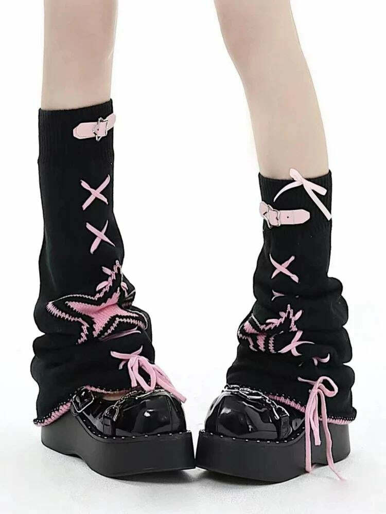 Pastel Goth Lace-Up Belted Leg Warmers for Y2K Aesthetic and Grunge Summer Outfits