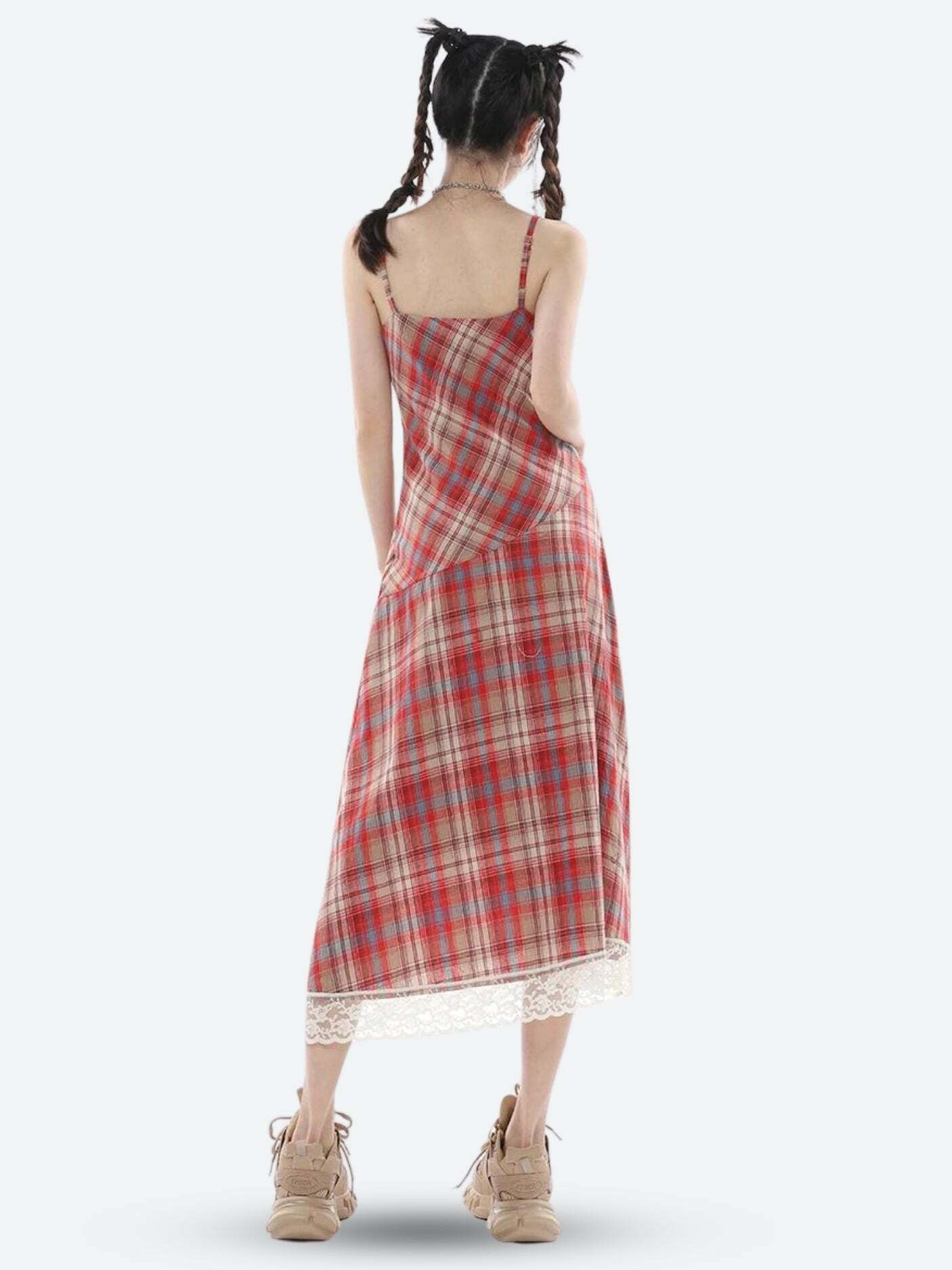 Plaid Lace Midi Dress: Y2K Inspired Summer Fashion for Effortless Chic Style