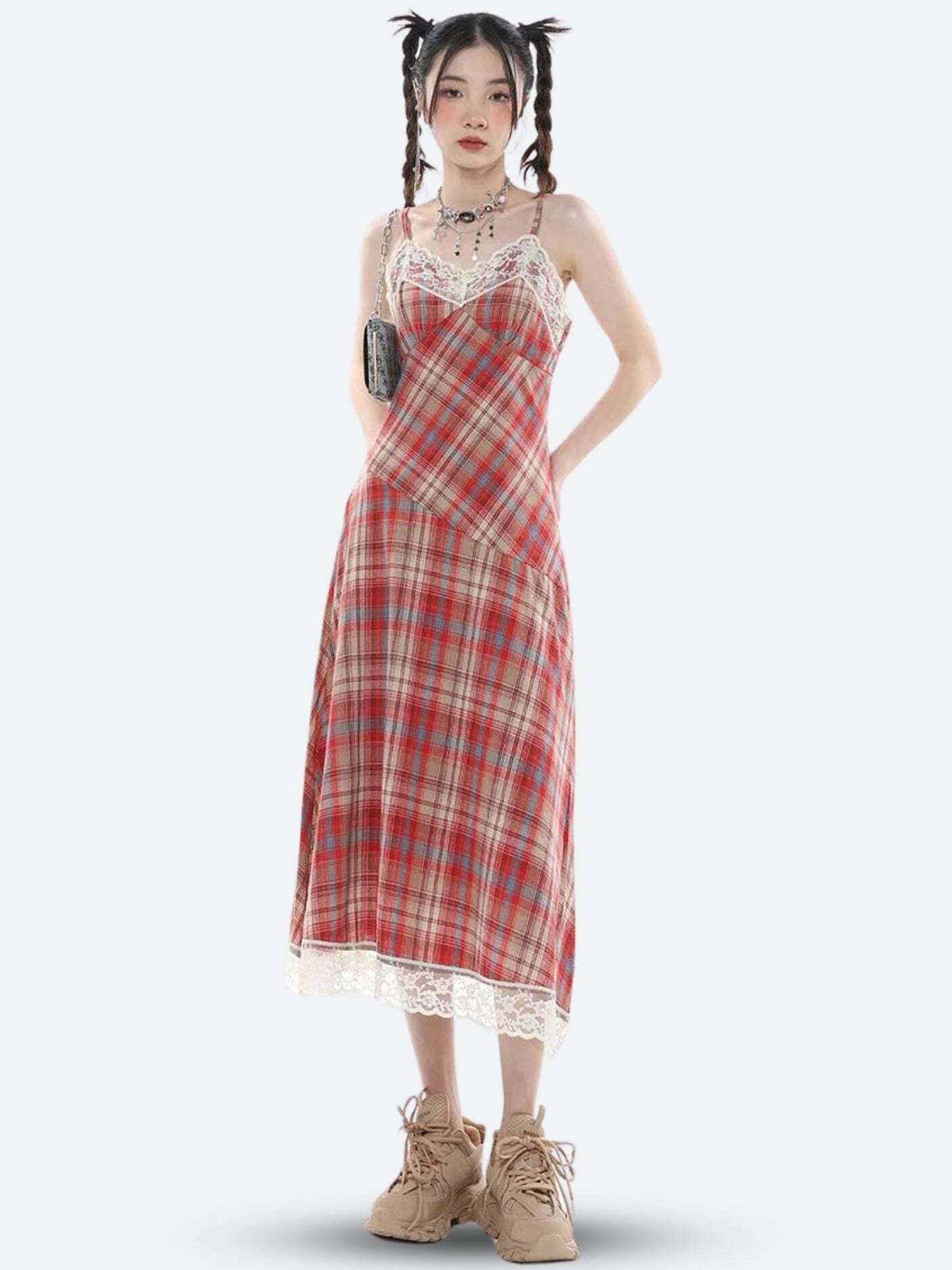 Plaid Lace Midi Dress: Y2K Inspired Summer Fashion for Effortless Chic Style