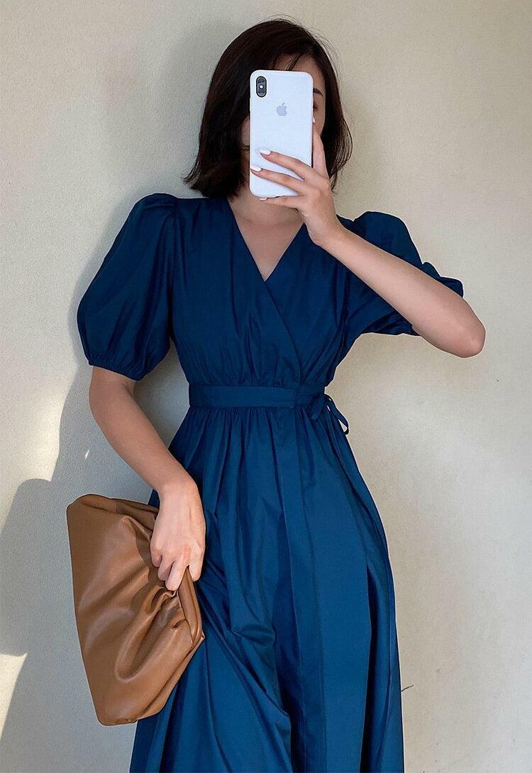 Puff Sleeve Wrap Midi Dress - Y2K Inspired Summer Fashion for Effortless Style