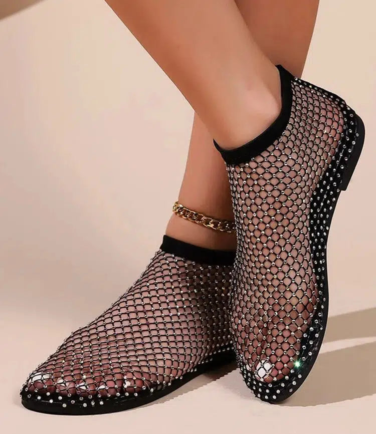 Rhinestone Fishnet Ballerina Flats - Y2K Aesthetic Footwear for Chic Summer Outfits