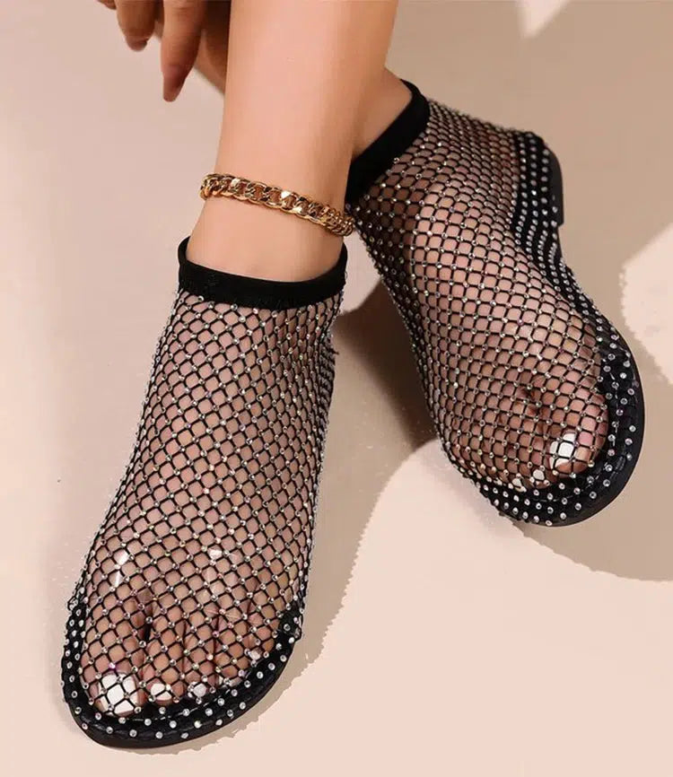 Rhinestone Fishnet Ballerina Flats - Y2K Aesthetic Footwear for Chic Summer Outfits