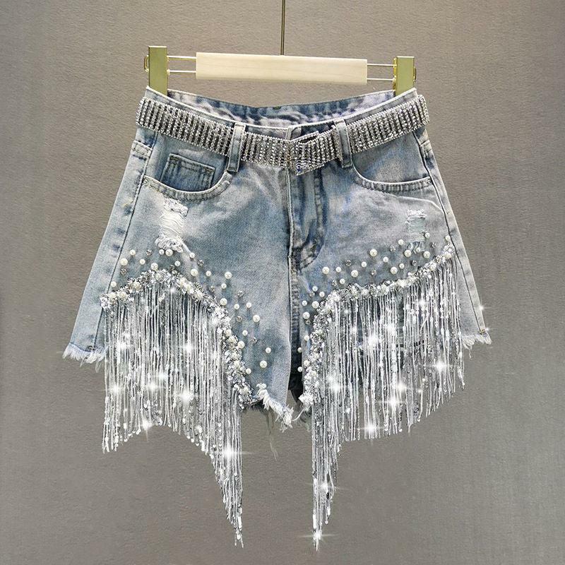 Rhinestone Fringe Denim Shorts: Y2K Cowgirl Style for a Chic Summer Look