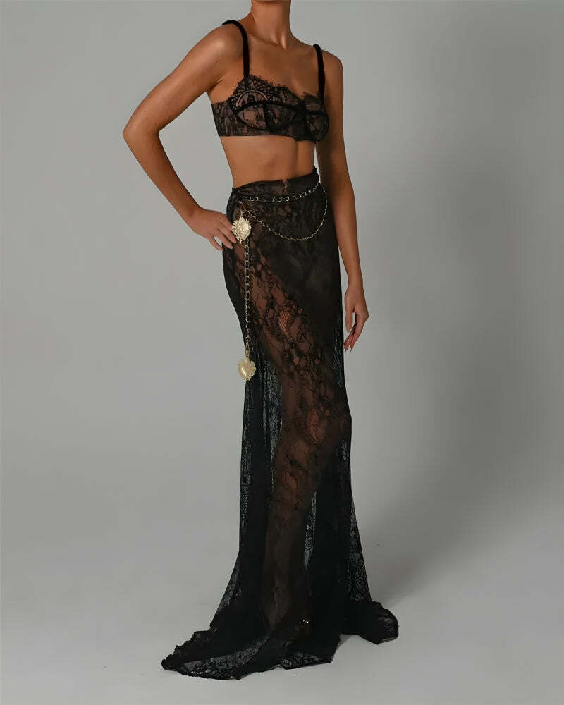 Sheer Lace Y2K Two-Piece Set for Effortless Summer Style and Chic Aesthetic Looks