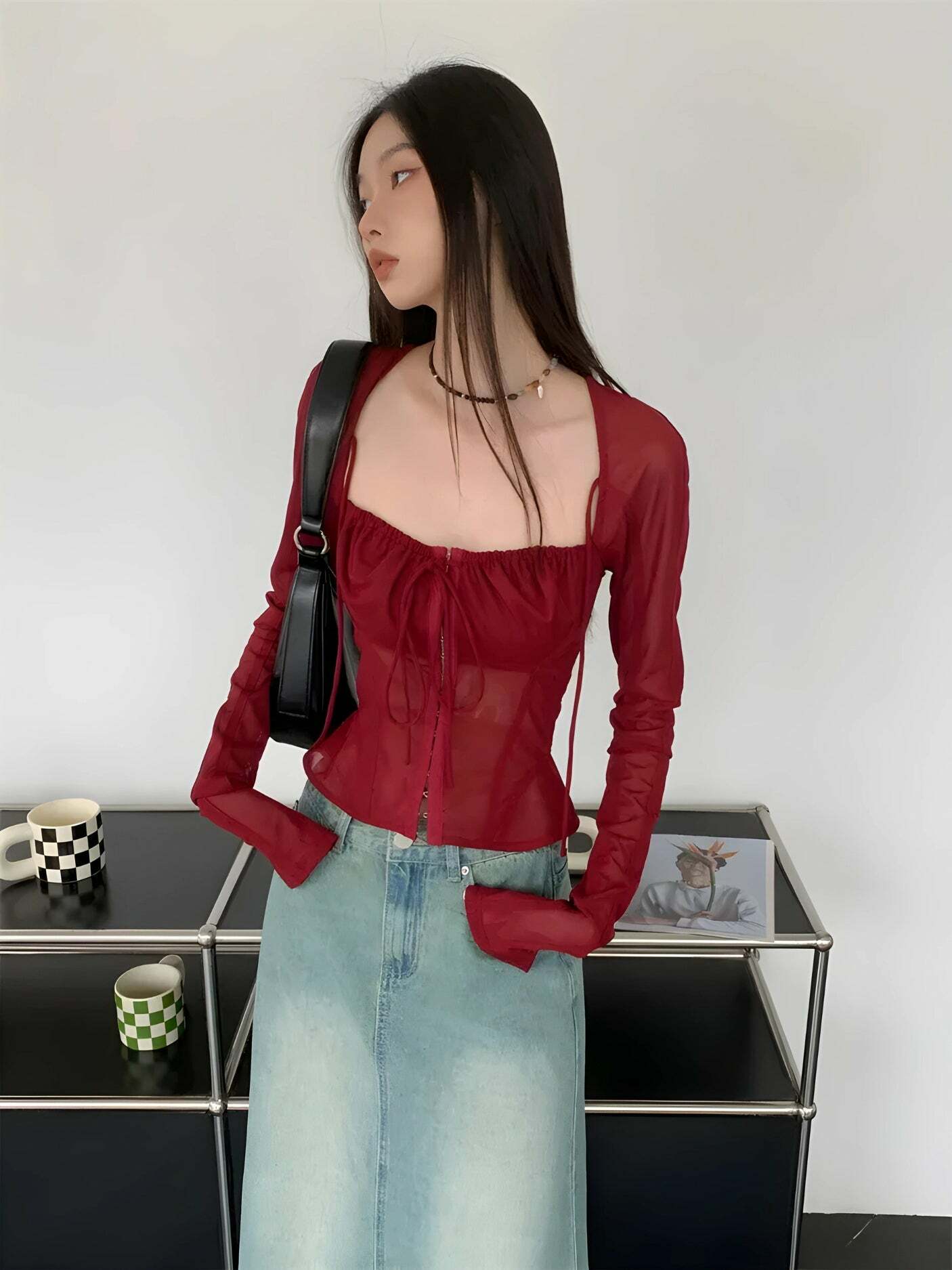 Sheer Ruched Lace-Up Top for Y2K Aesthetic: Trendy Summer Fashion Essential