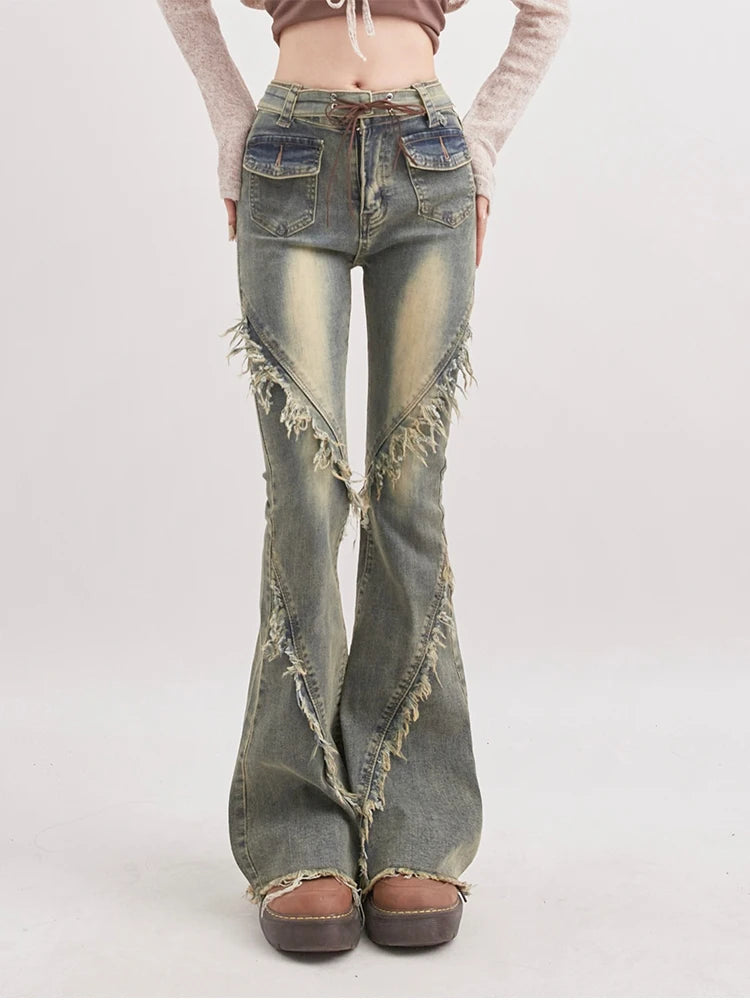 Soft Grunge Tasseled Flare Jeans - Y2K Inspired Retro Style for Effortless Summer Vibes