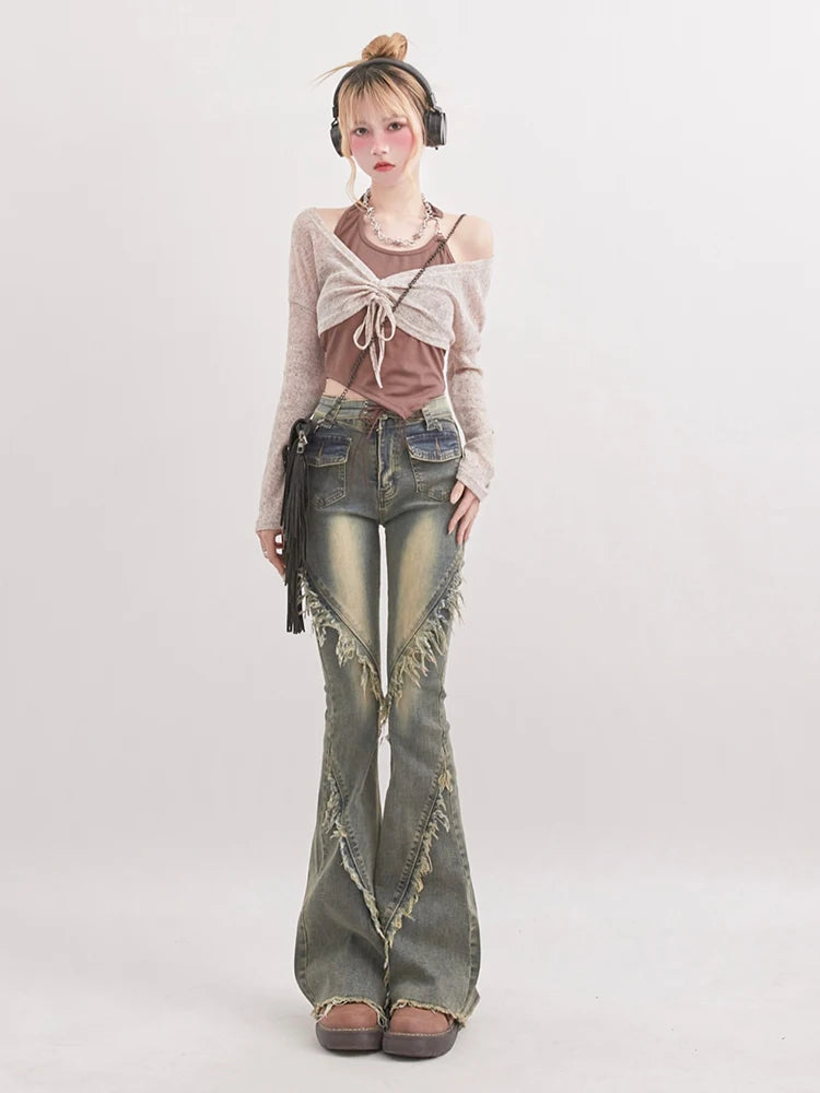 Soft Grunge Tasseled Flare Jeans - Y2K Inspired Retro Style for Effortless Summer Vibes