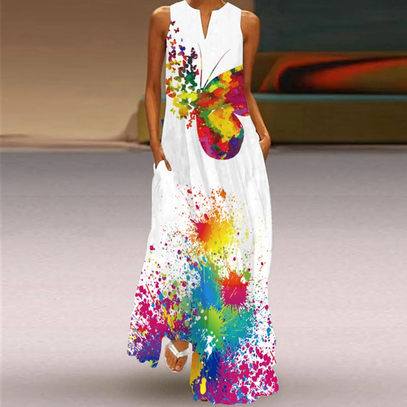 Summer Vintage Abstract Print Boho Maxi Dress with Pockets - Casual V Neck Sleeveless Robe