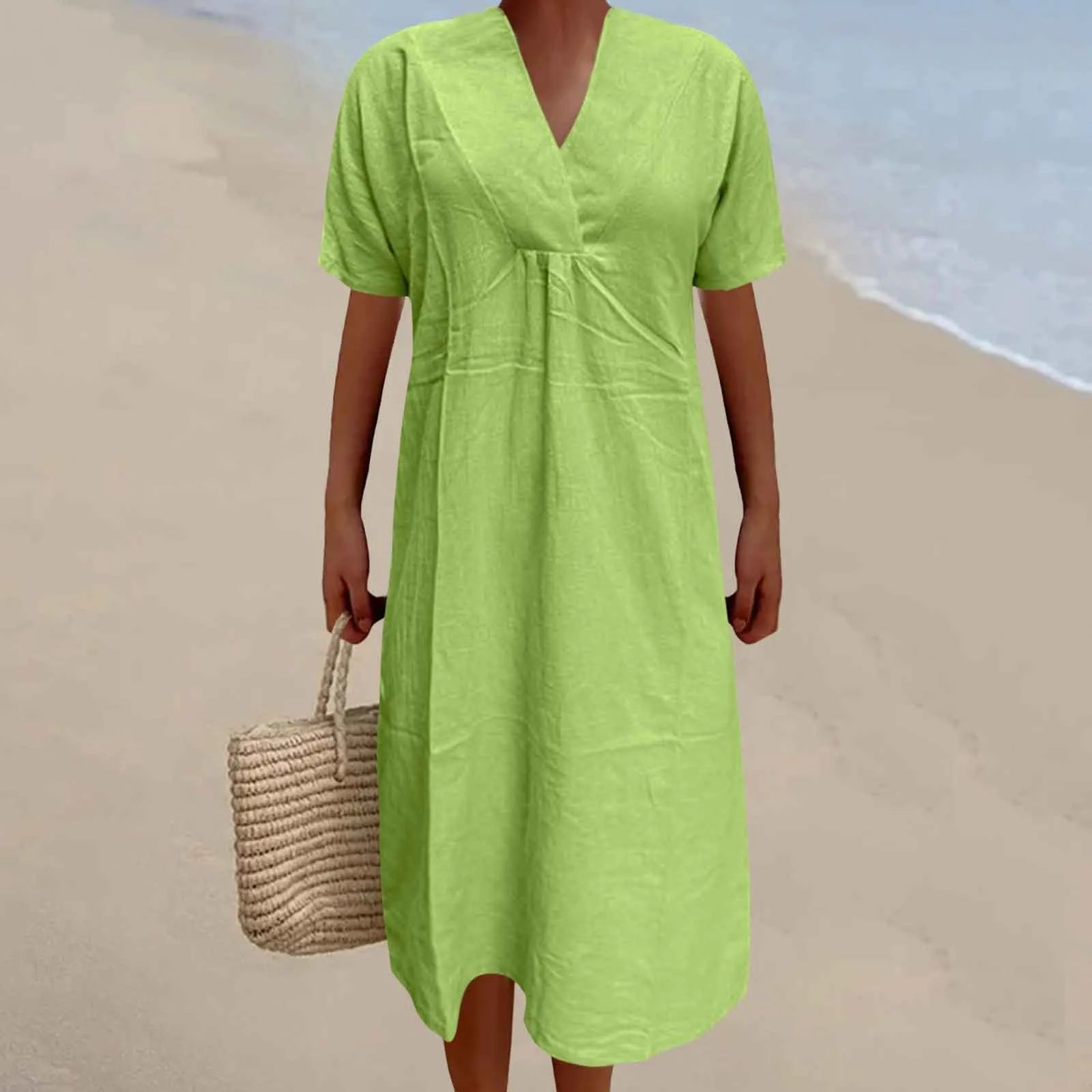 Summer Y2K Fashion Solid Color V Neck Loose Short Sleeve Casual Dress for Aesthetic Vibes