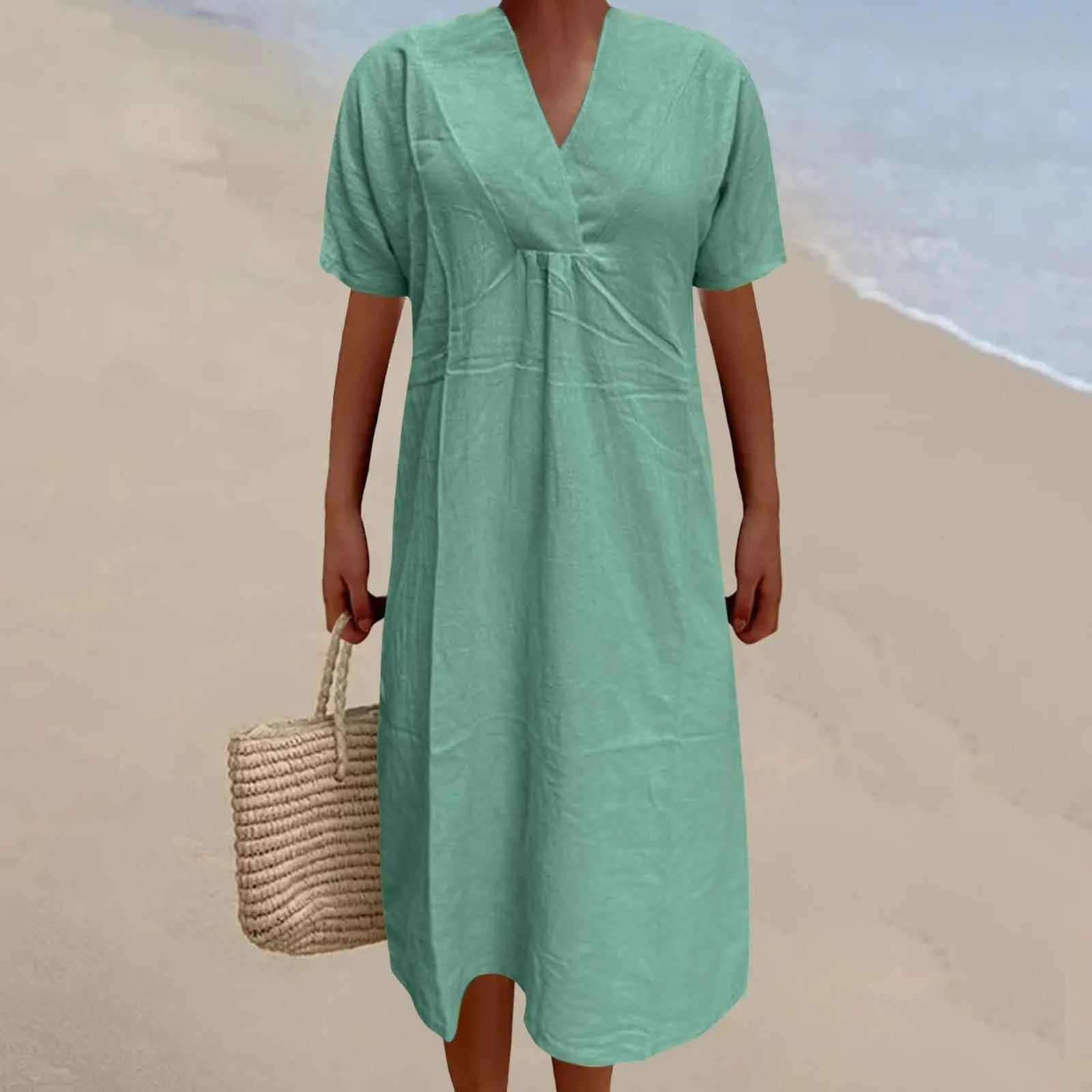 Summer Y2K Fashion Solid Color V Neck Loose Short Sleeve Casual Dress for Aesthetic Vibes