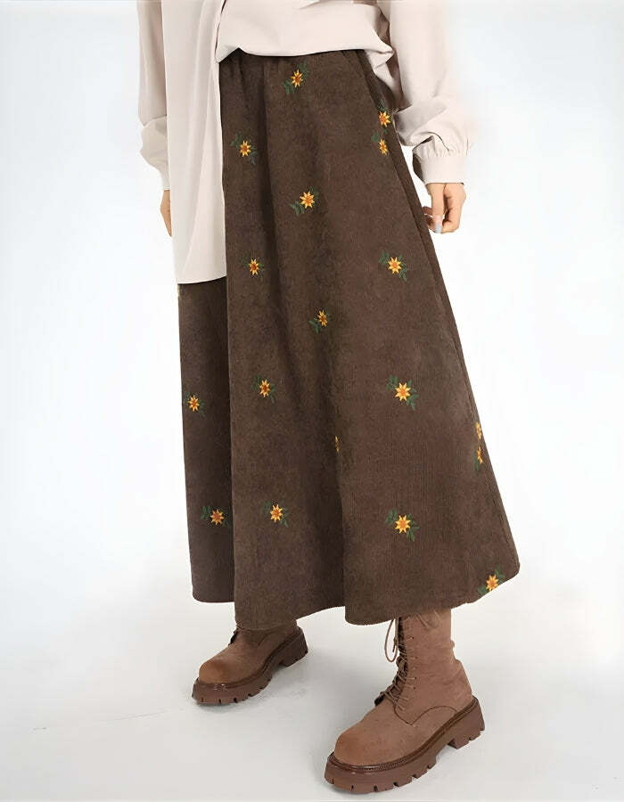 Sunflower Embroidered Y2K Corduroy Maxi Skirt for a Chic Summer Aesthetic