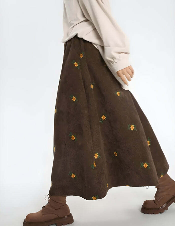 Sunflower Embroidered Y2K Corduroy Maxi Skirt for a Chic Summer Aesthetic